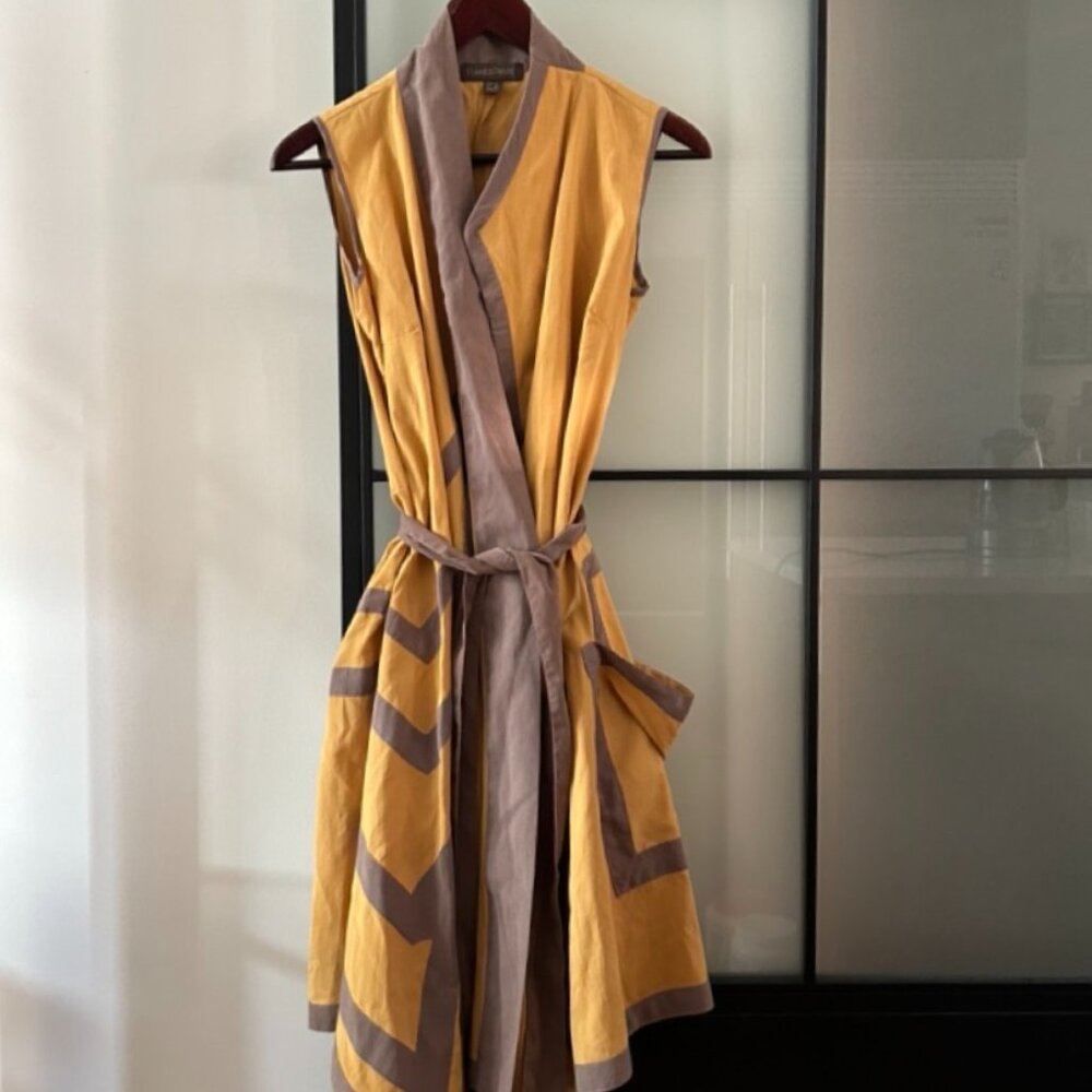 Plains & Prints RARE Trench Kimono Style Yellow Beige Layered Midi Dress, Size S